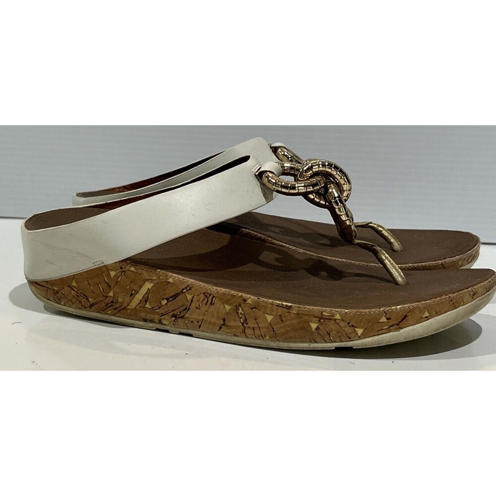 FitFlop Gold White Women's 10 Chain Link Leather Thong Sandals Wobble Board
